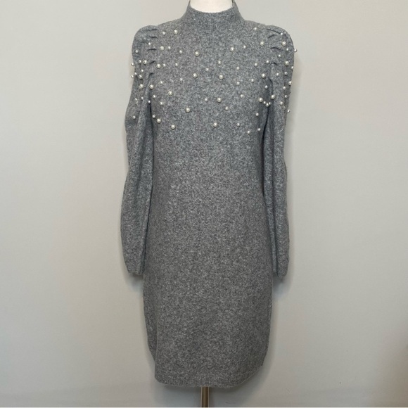 Pearlized Mock Neck Sweater Dress in Pebble Grey Melange, size XS - Picture 2 of 16